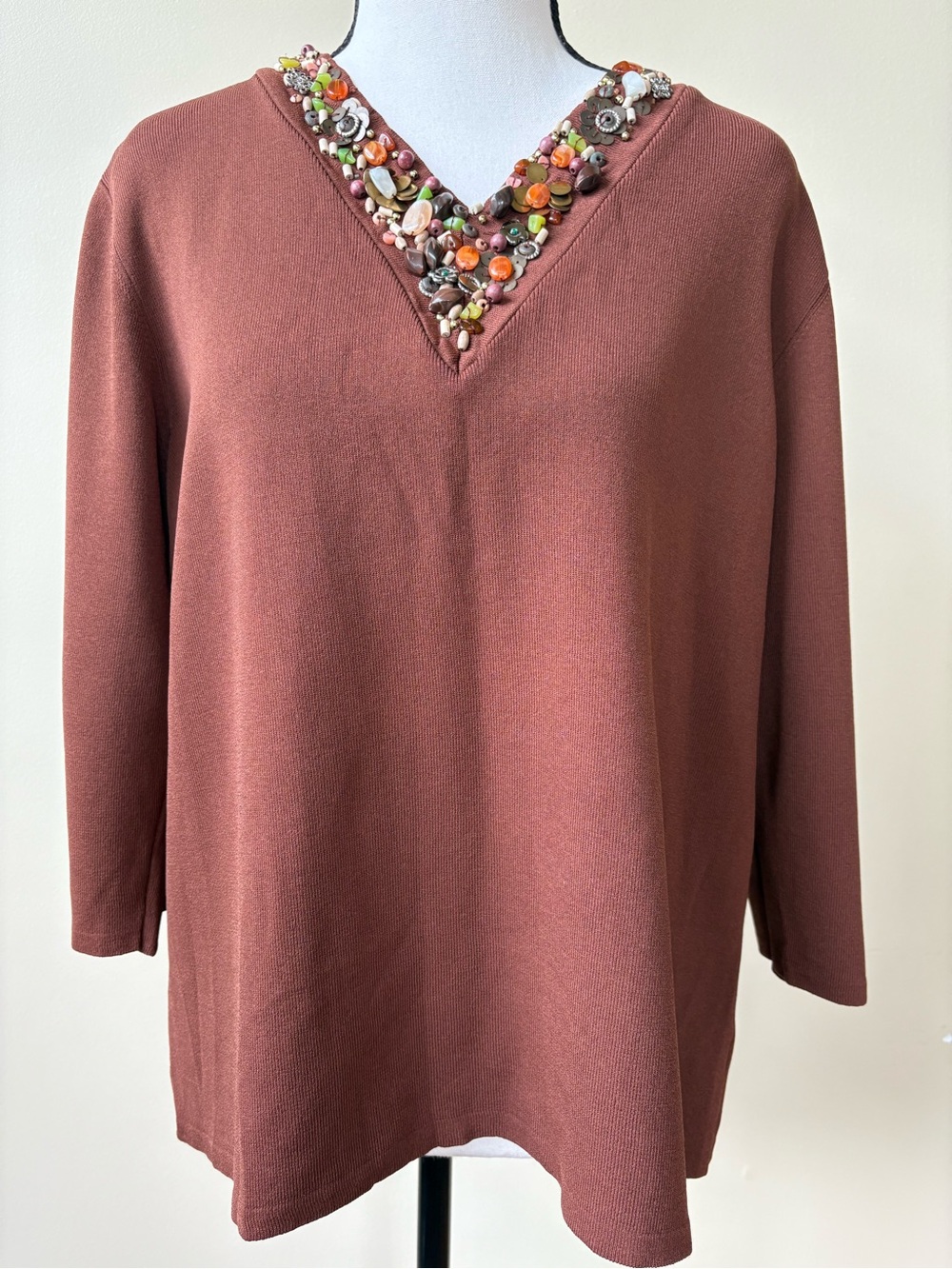 Joseph A Brown V-Neck Knit Top with Multicolor Beaded Embellishment